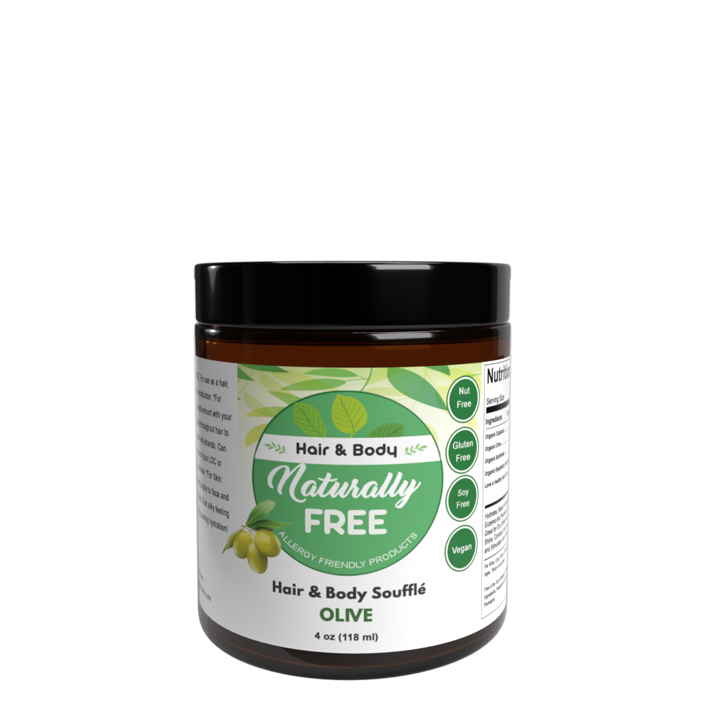 Olive Hair & Body Souffle Moisturizer in a jar, showcasing its creamy texture and natural ingredients.