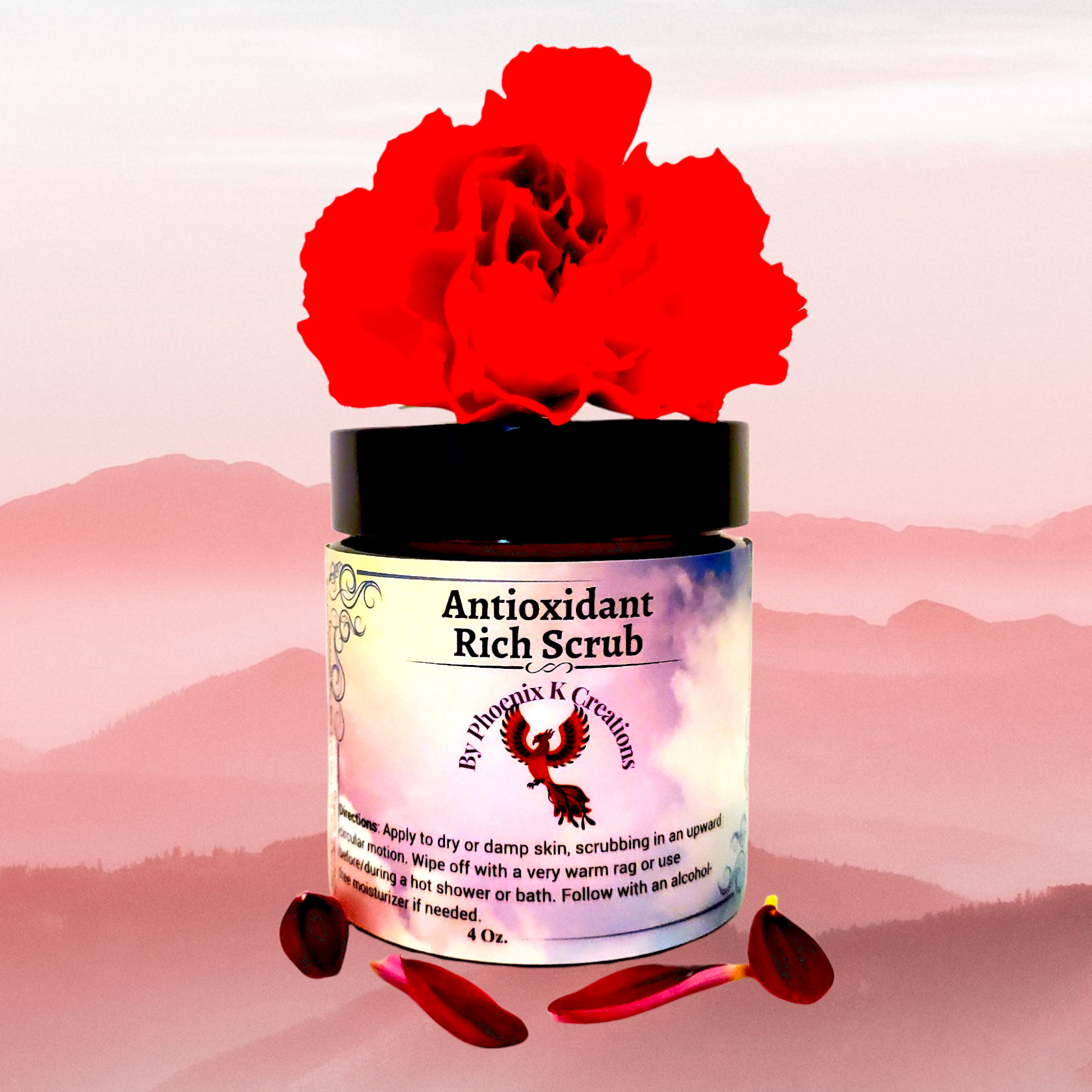 Organic Antioxidant Rich Face Scrub in a 4 oz jar, featuring Himalayan Sea Salt and a blend of six nourishing oils and 14 herbs.