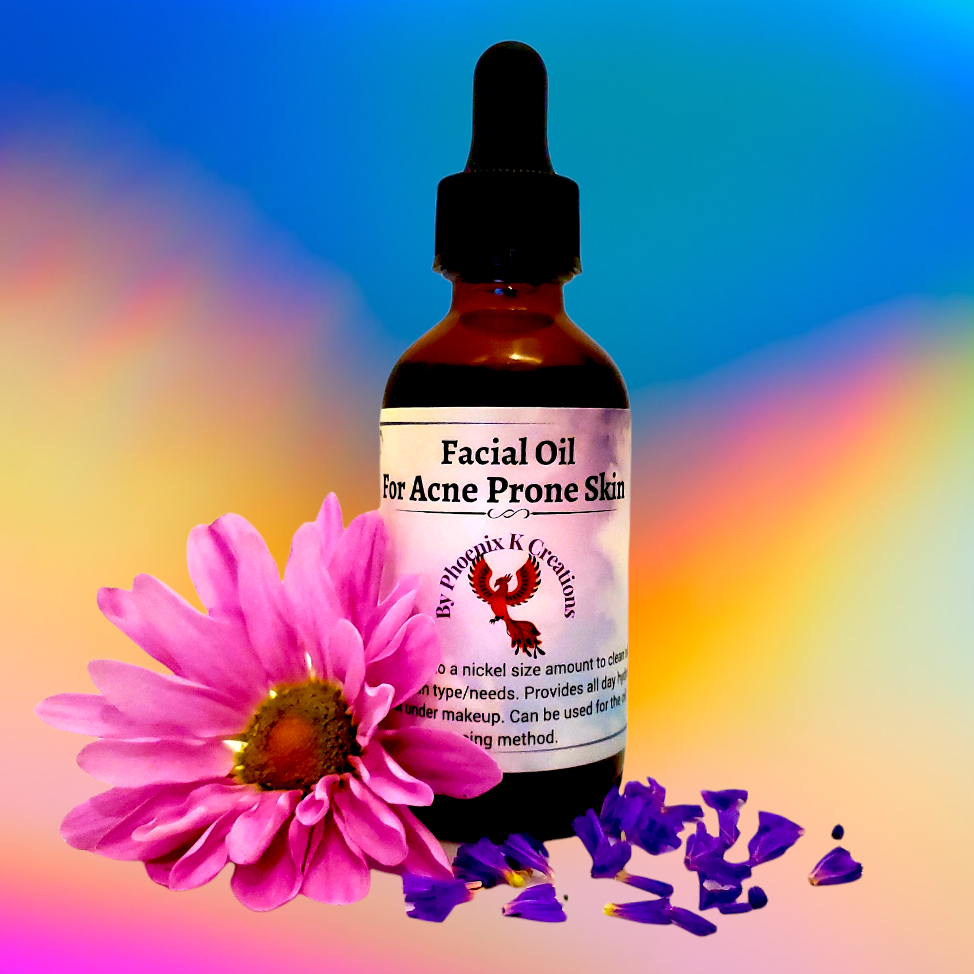 A bottle of Organic Daily Moisturizer for Acne Prone Skin, showcasing its natural ingredients and herbal extracts.