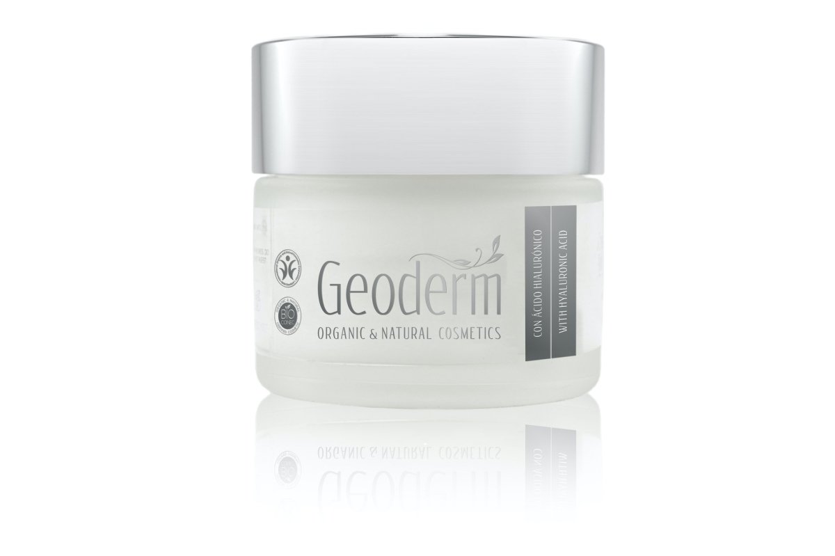 A jar of Organic & Natural Hyaluronic Acid Anti-Ageing cream with a sleek design, showcasing its rich texture and natural ingredients.