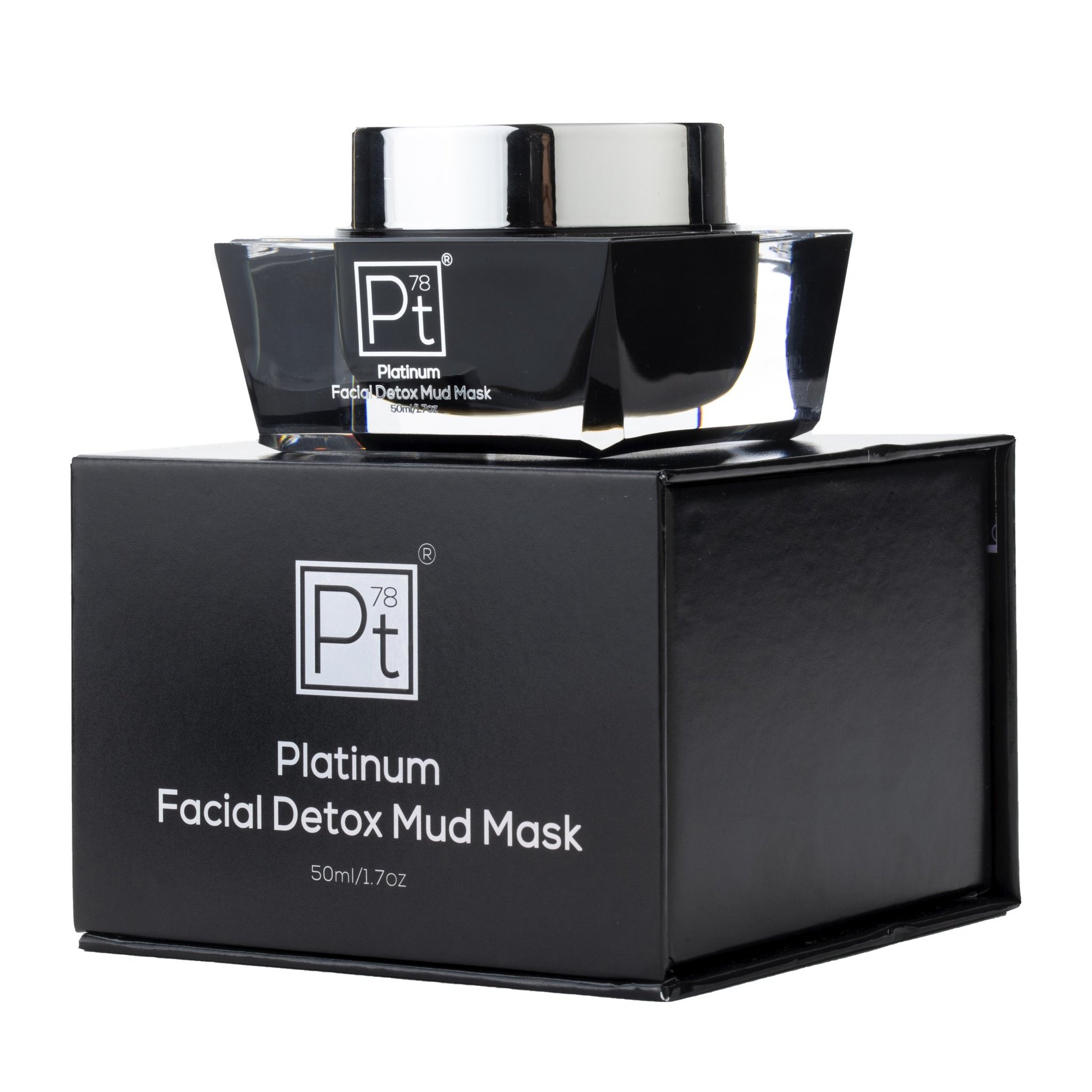 Platinum Facial Detox Mud Mask in a sleek jar, showcasing its rich, dark texture, perfect for detoxifying and rejuvenating skin.