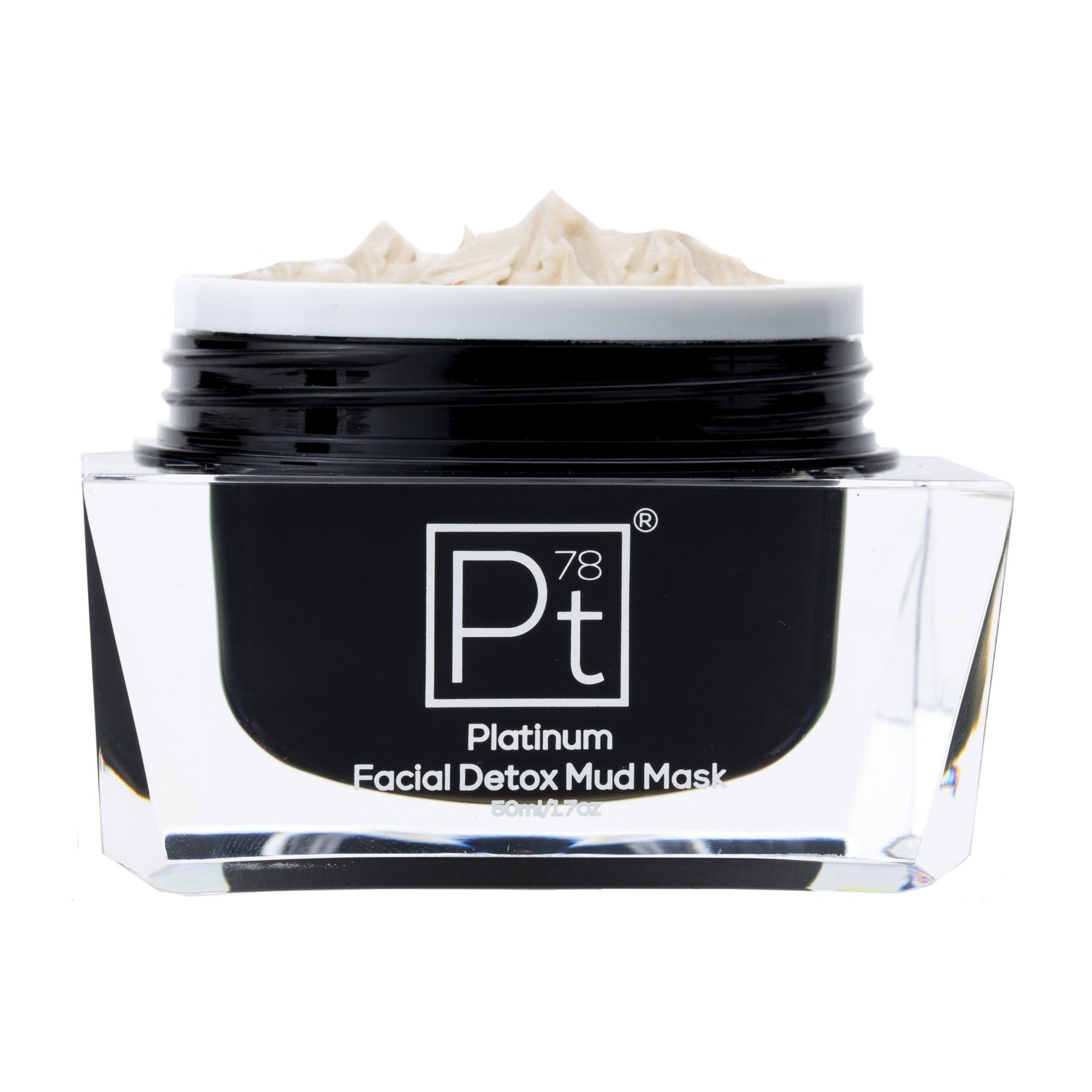 Platinum Facial Detox Mud Mask in a sleek jar, showcasing its rich, dark texture, perfect for detoxifying and rejuvenating skin.