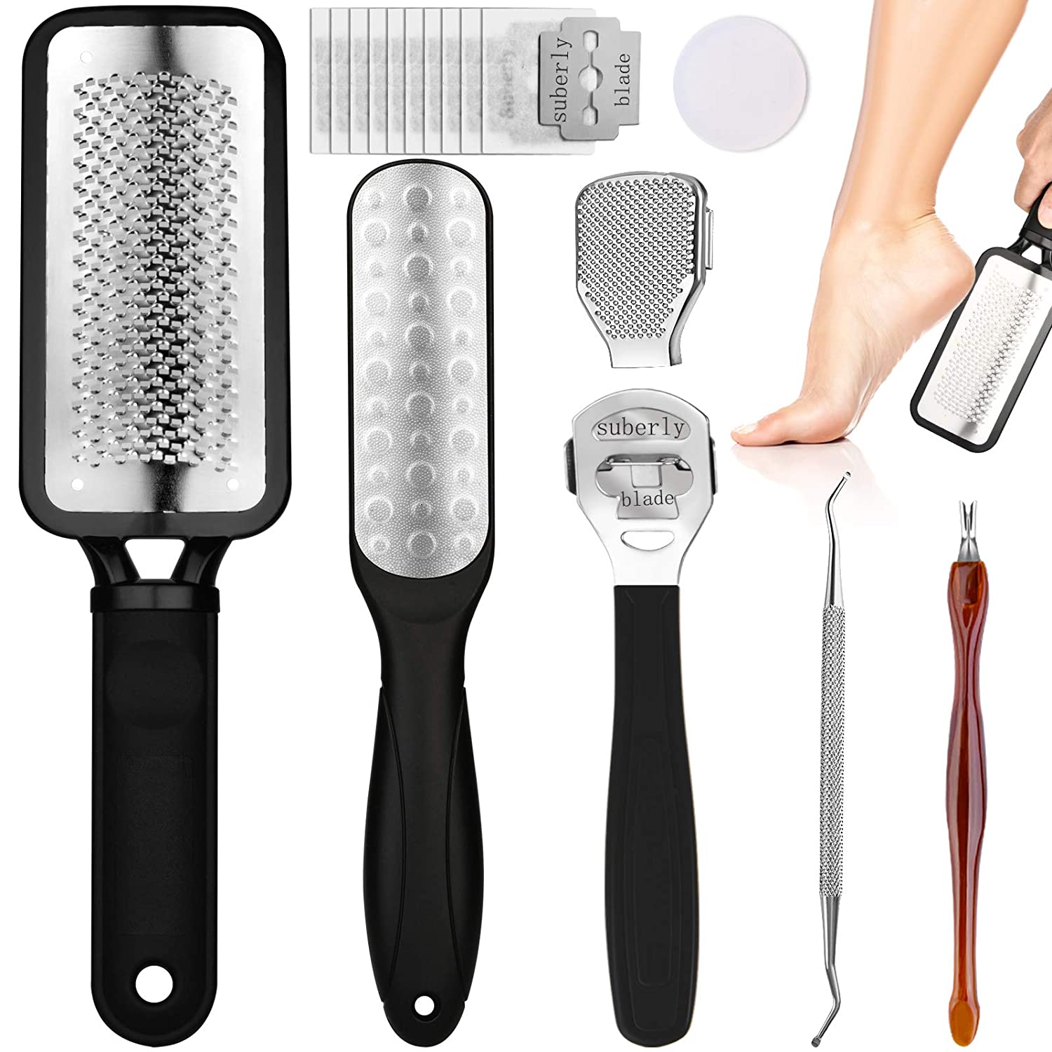 Professional Foot File made of stainless steel, designed for effective dead skin removal and pedicure care, featuring ergonomic handles and a complete 17-piece set.