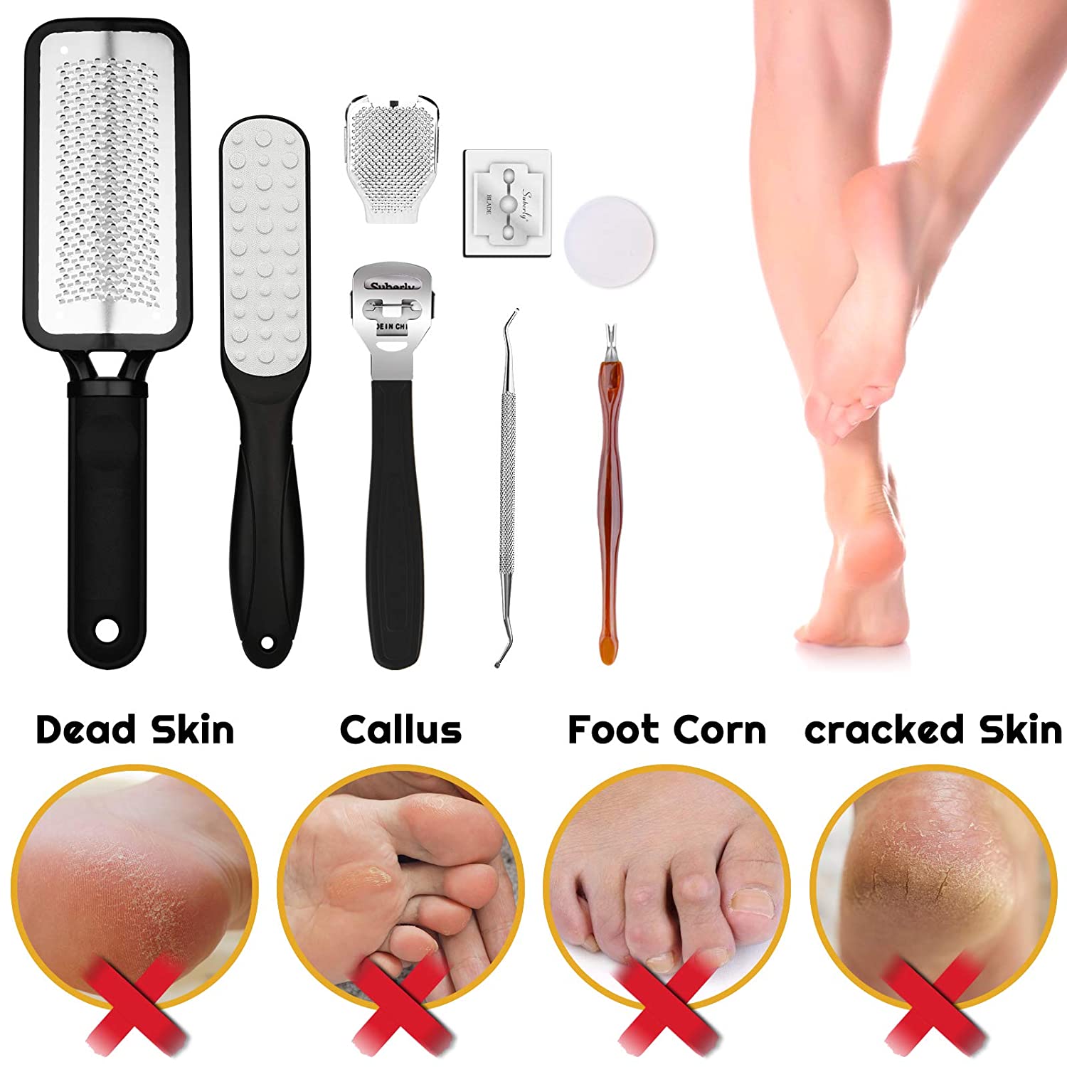 Professional Foot File made of stainless steel, designed for effective dead skin removal and pedicure care, featuring ergonomic handles and a complete 17-piece set.