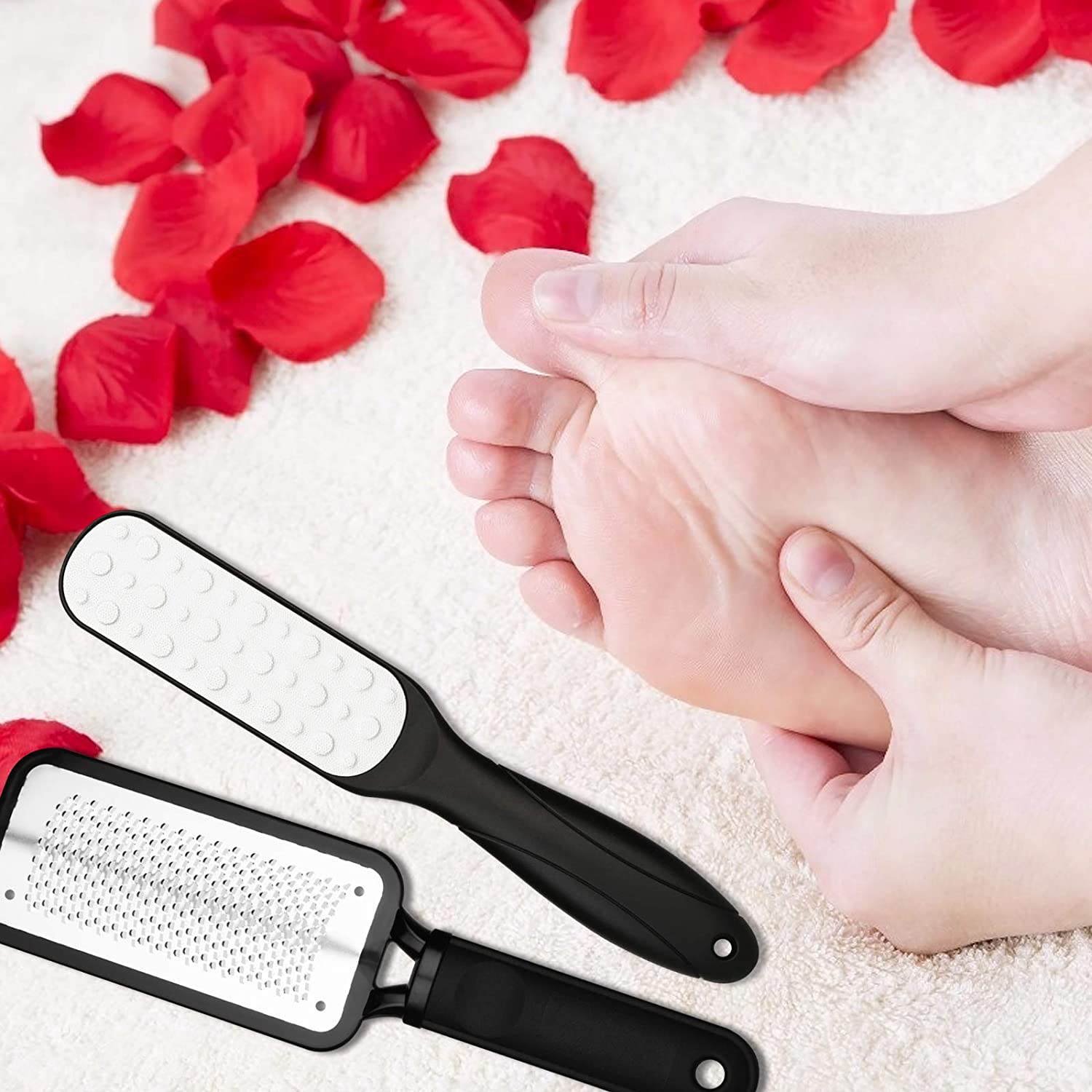 Professional Foot File made of stainless steel, designed for effective dead skin removal and pedicure care, featuring ergonomic handles and a complete 17-piece set.