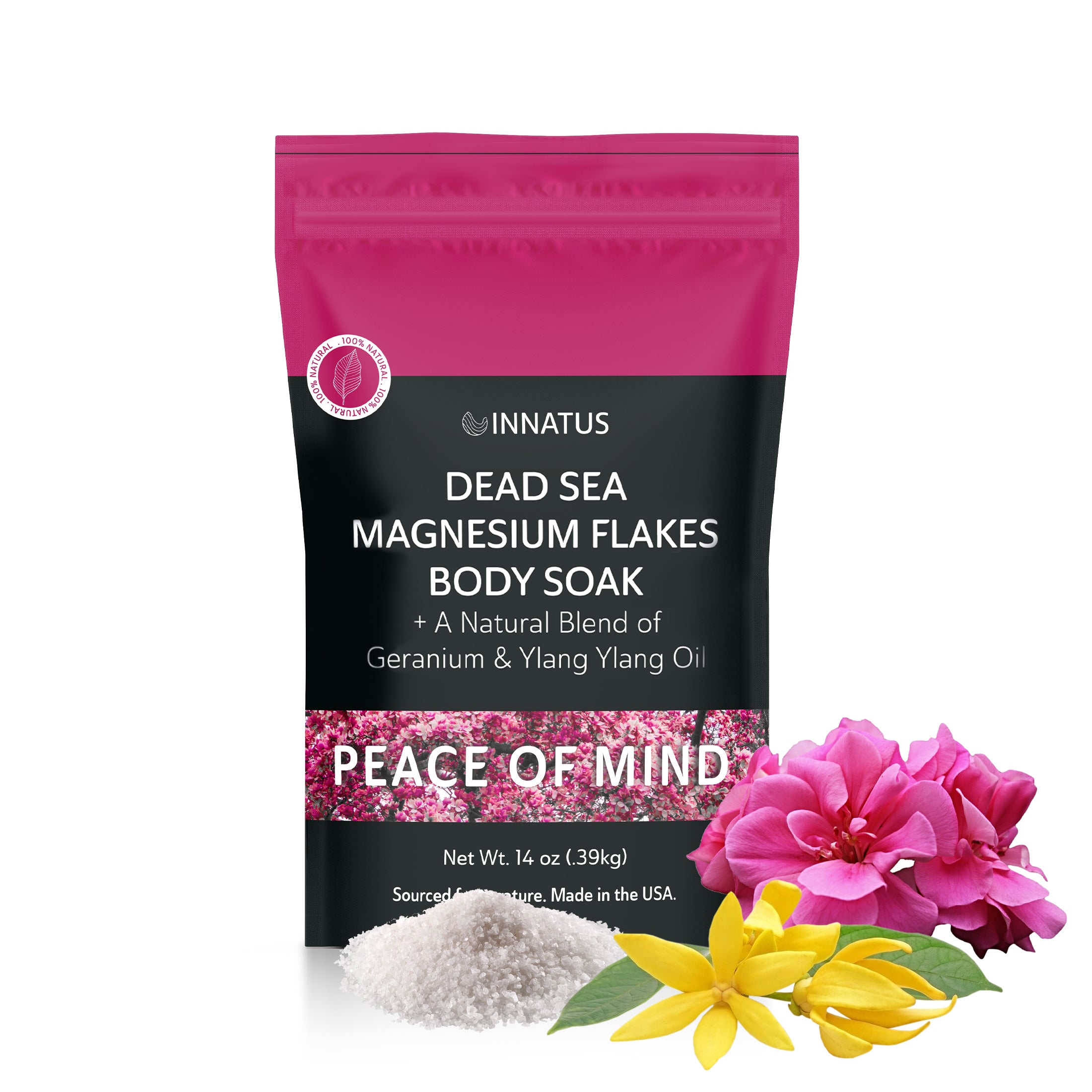 A packet of Pure Dead Sea Magnesium Flakes Peace of Mind Soak, showcasing the product's luxurious packaging and natural ingredients.