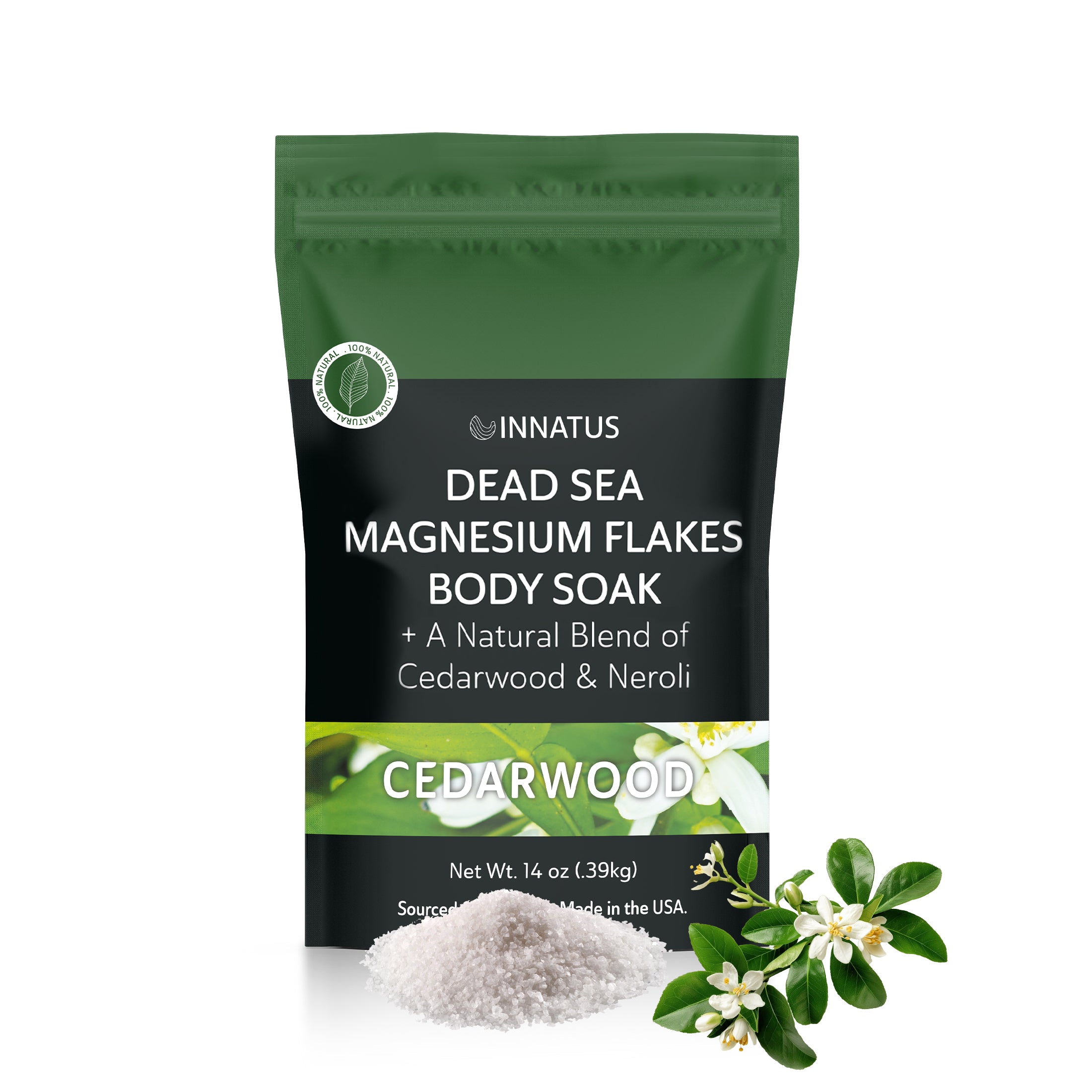 A packet of Pure Dead Sea Magnesium Flakes with cedarwood, designed for a relaxing soak in the bath.