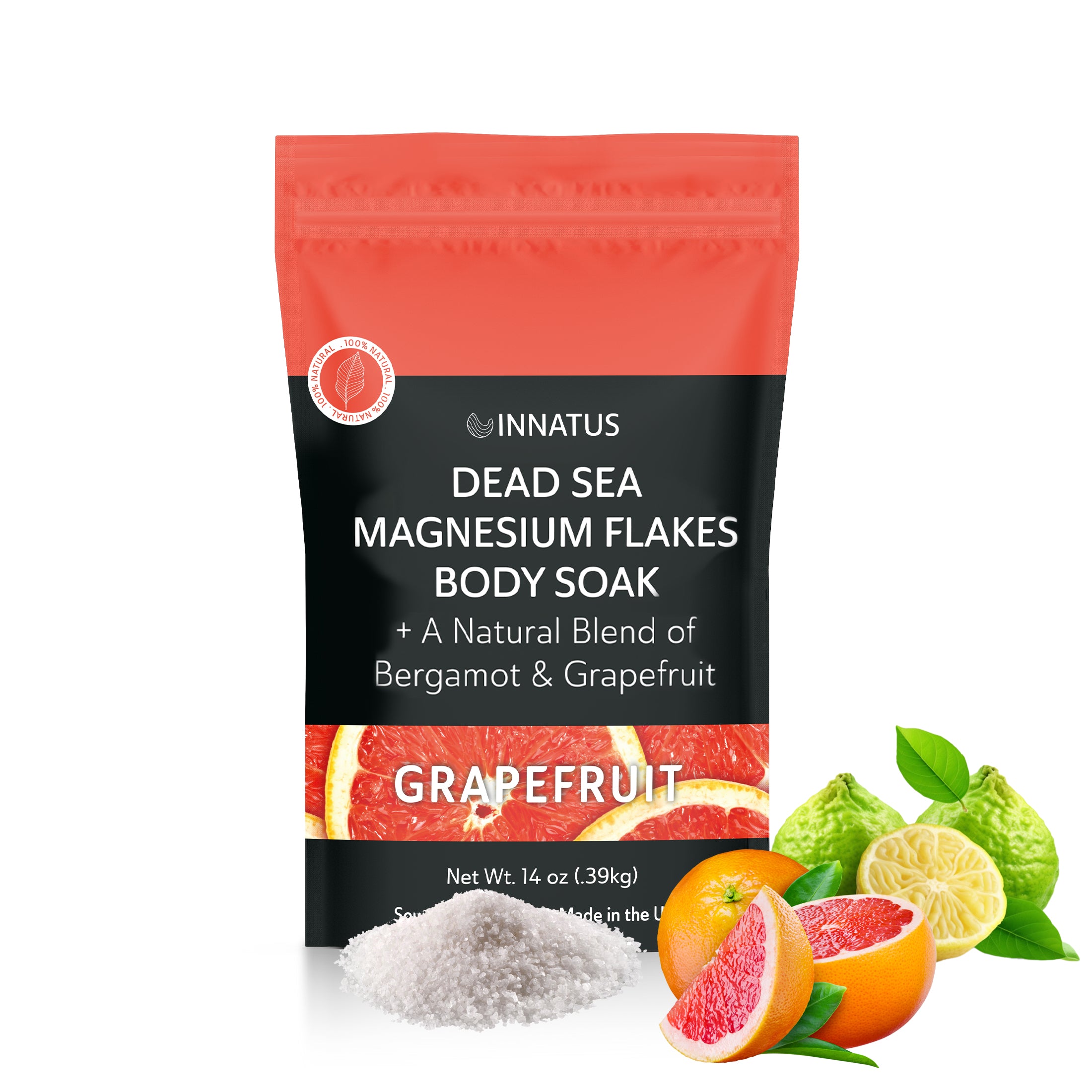 A packet of Pure Dead Sea Magnesium Flakes with grapefruit oil, designed for a relaxing bath soak, showcasing its natural ingredients.