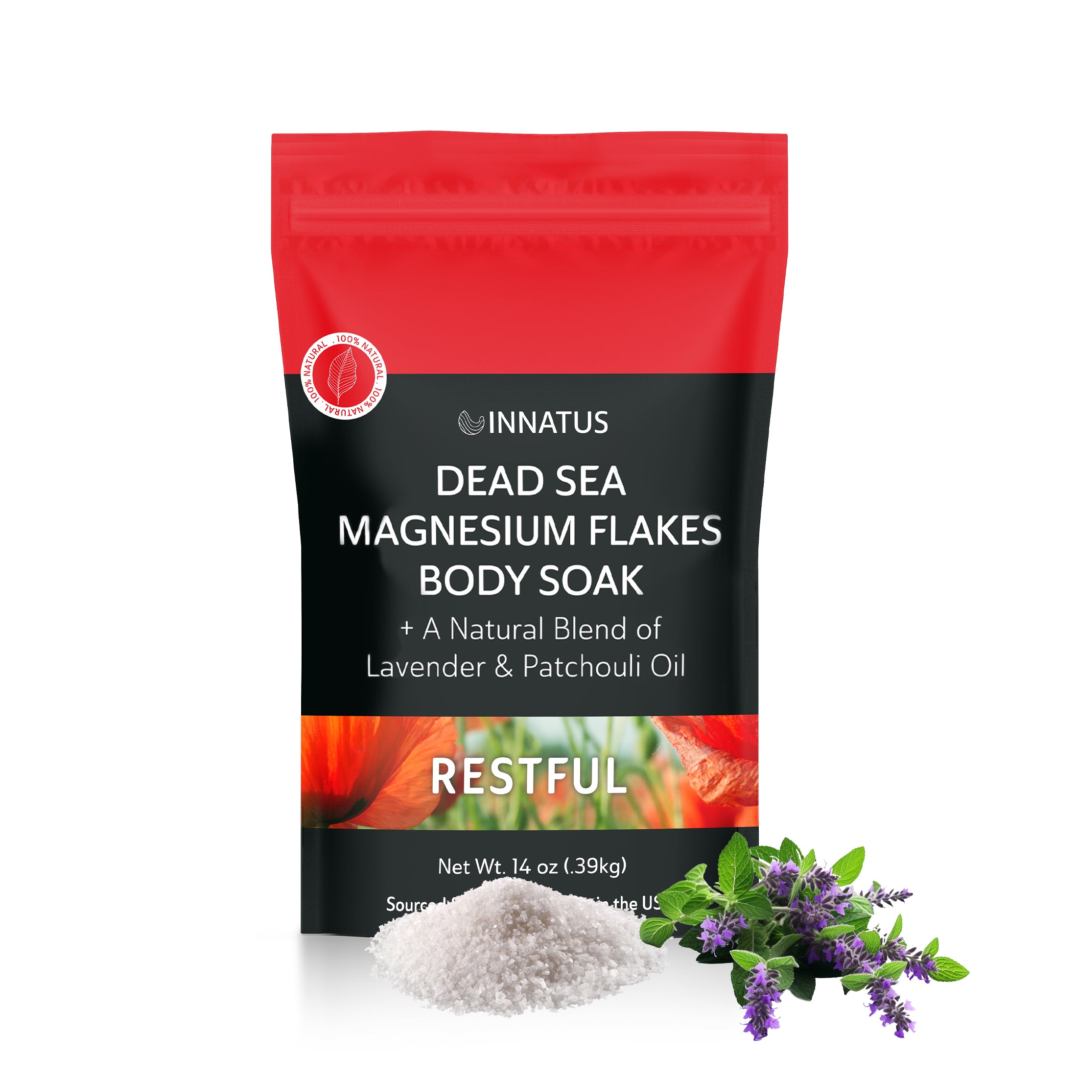 A packet of Pure Dead Sea Magnesium Flakes with a soothing lavender aroma, designed for a relaxing bath experience.