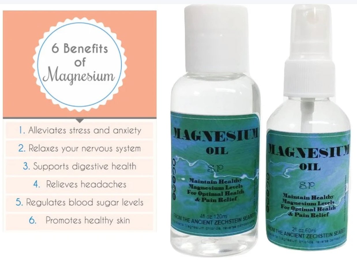 Magnesium oil benefits and bottles.