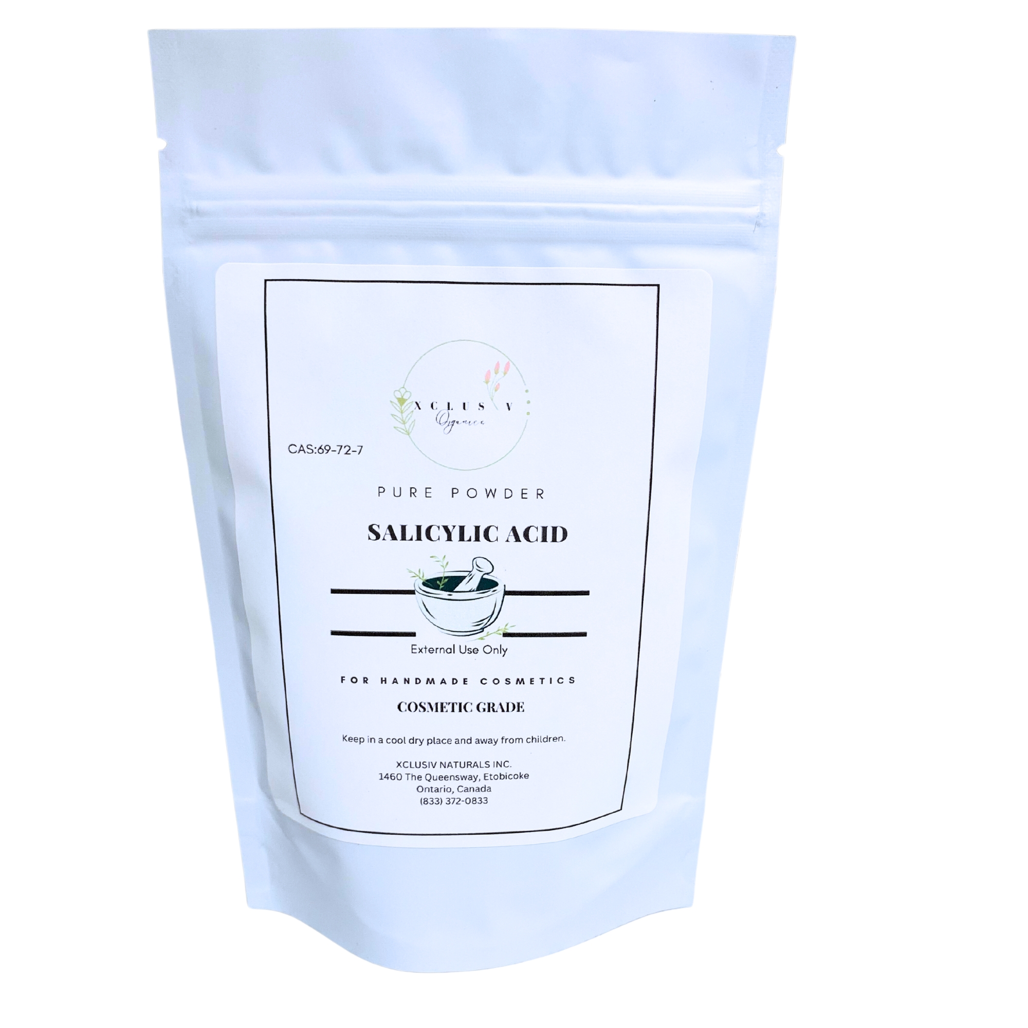 Pure Salicylic Acid Powder in a white container, showcasing its fine texture and purity, ideal for acne treatment and exfoliation.