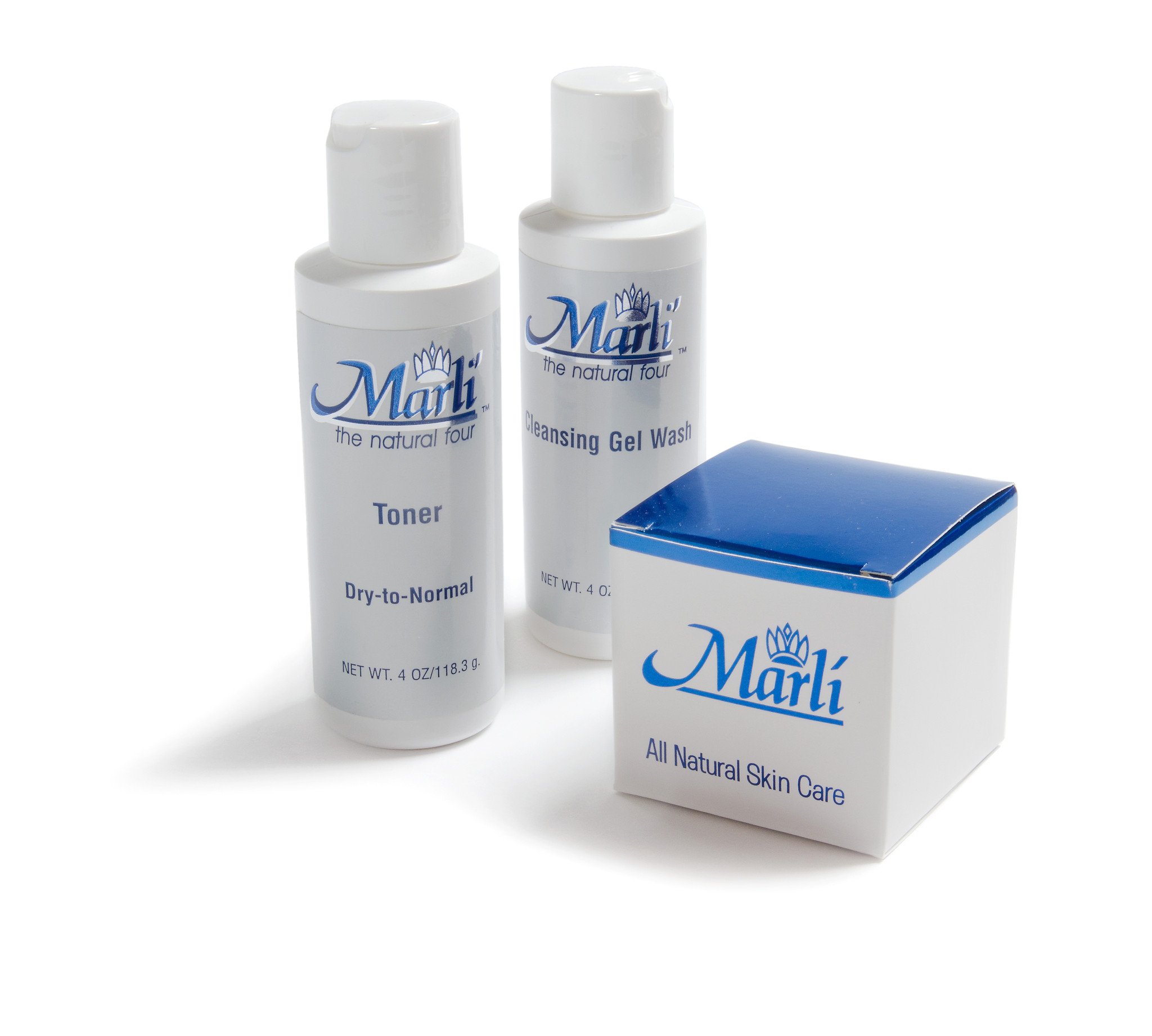 Rapid Wrinkle Erase Marli Complete Skin Care Kit featuring cleansing gel, toner, and moisturizer for youthful skin.