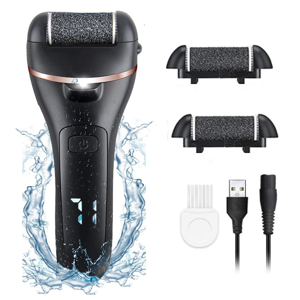 Rechargeable Electric Foot File Callus Remover Machine with LED light and detachable roller heads for effective foot care.