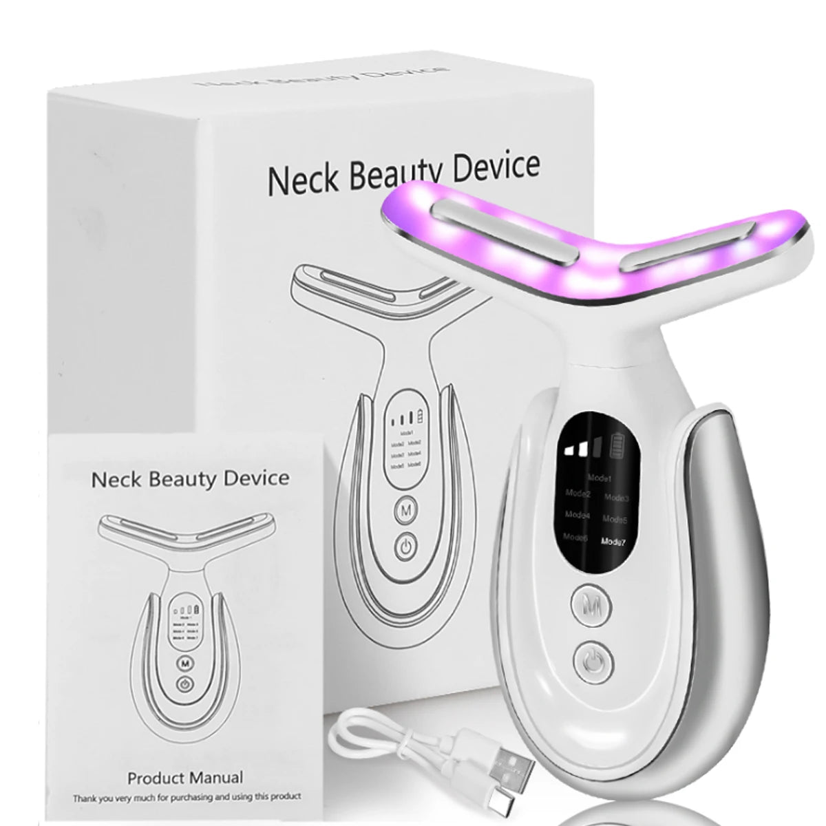 Rechargeable Face and Neck Massager with 7 LED colors and heat mode, showcasing its sleek design and features.