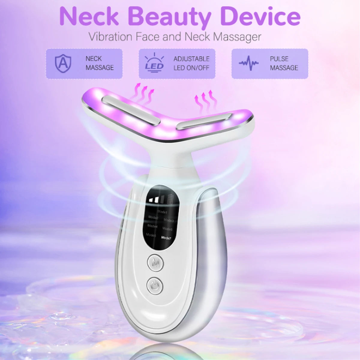 Rechargeable Face and Neck Massager with 7 LED colors and heat mode, showcasing its sleek design and features.