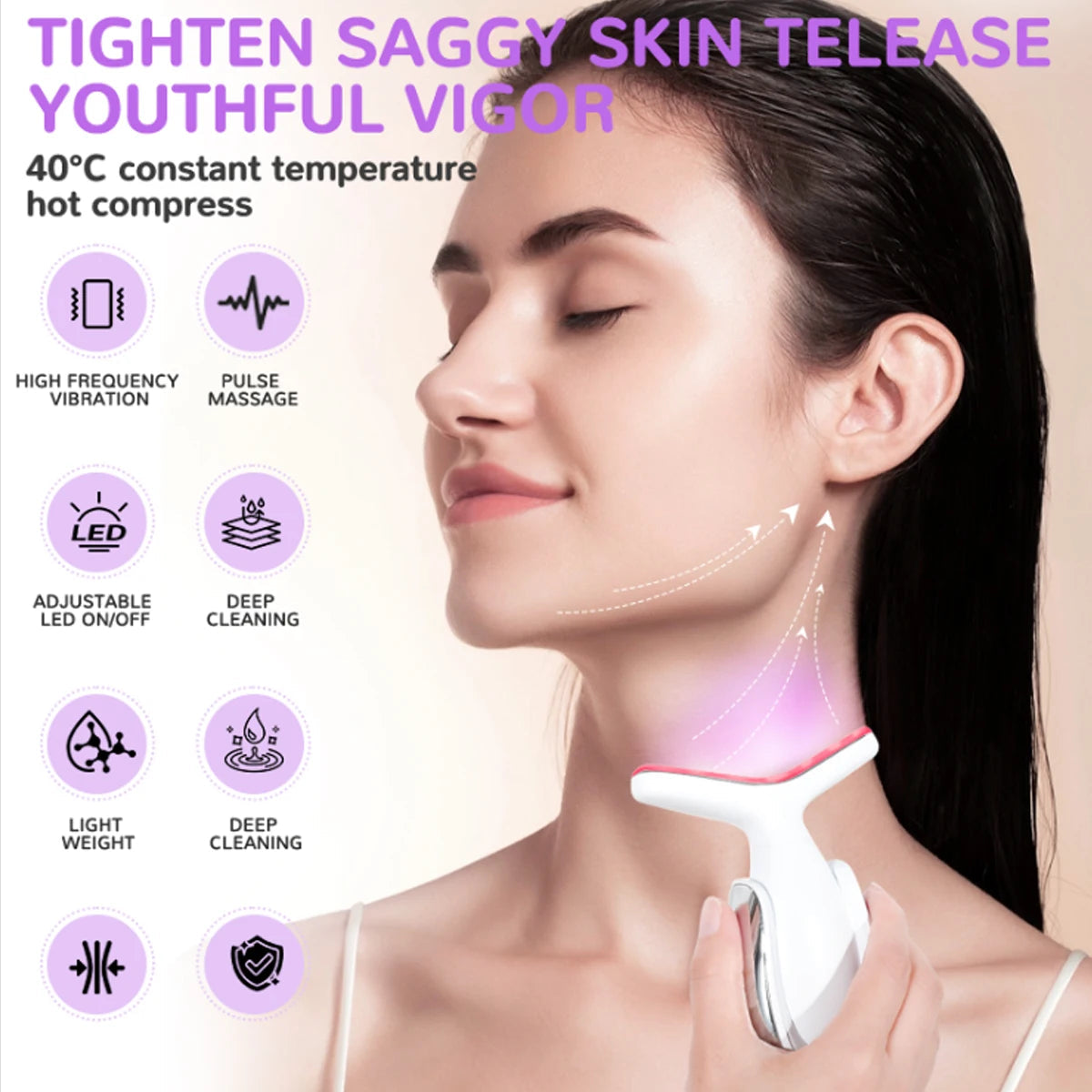 Rechargeable Face and Neck Massager with 7 LED colors and heat mode, showcasing its sleek design and features.