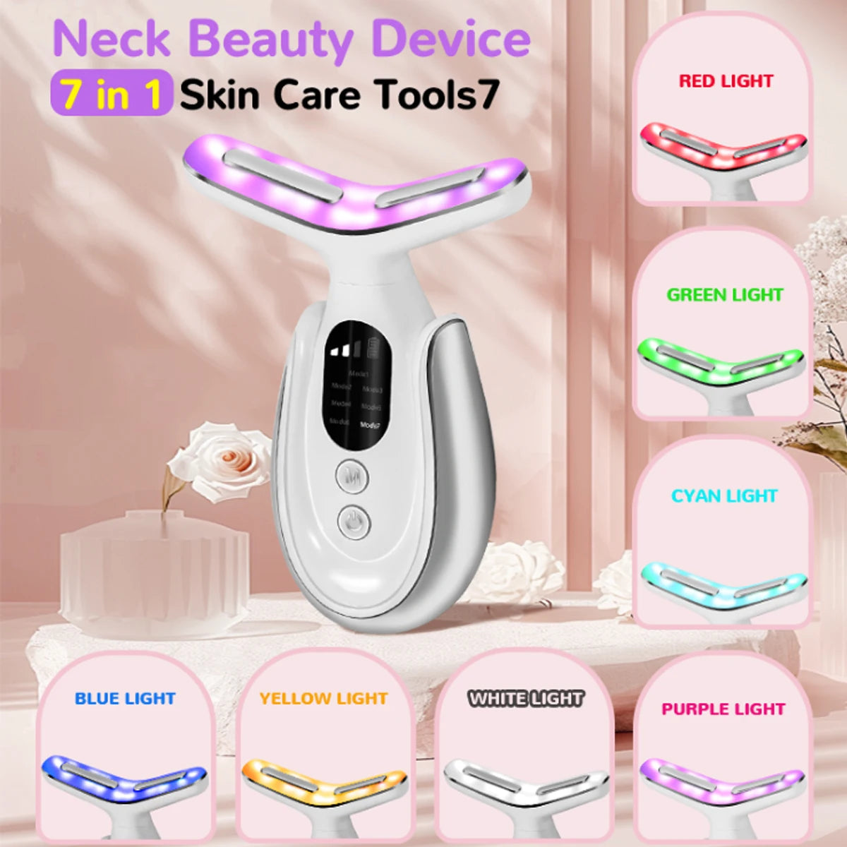 Rechargeable Face and Neck Massager with 7 LED colors and heat mode, showcasing its sleek design and features.