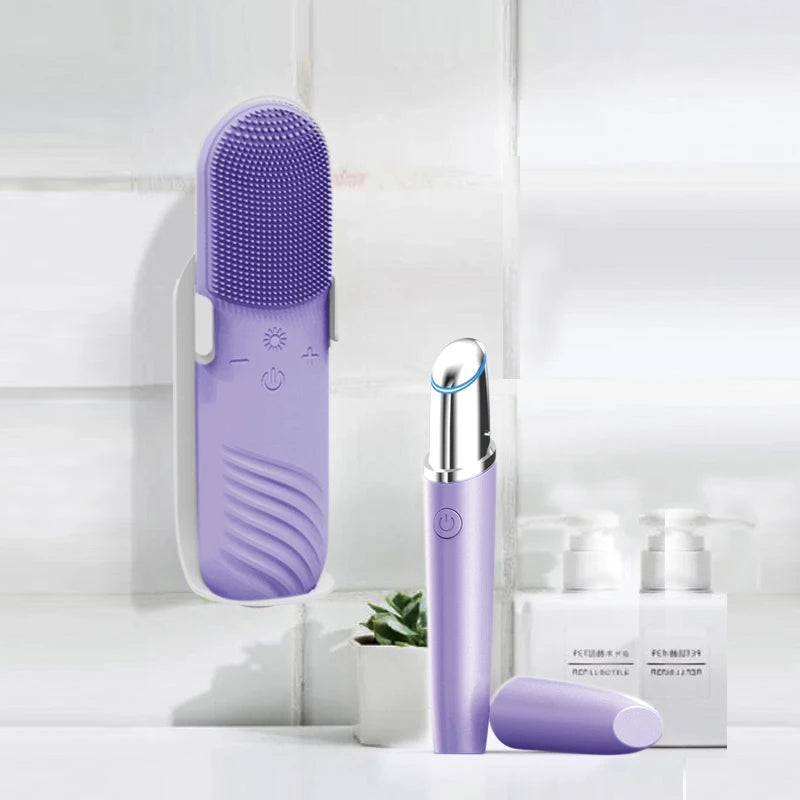 Rechargeable Mini Travel Home Beauty device with a sleek design, featuring a warming massage brush for effective skin cleansing.