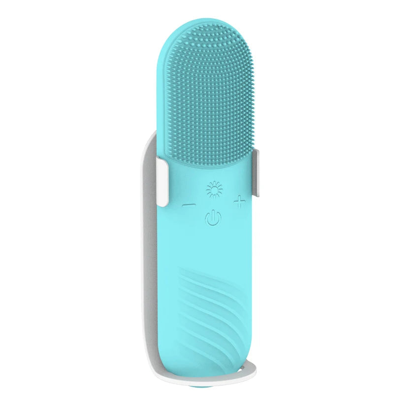 Rechargeable Mini Travel Home Beauty device with a sleek design, featuring a warming massage brush for effective skin cleansing.