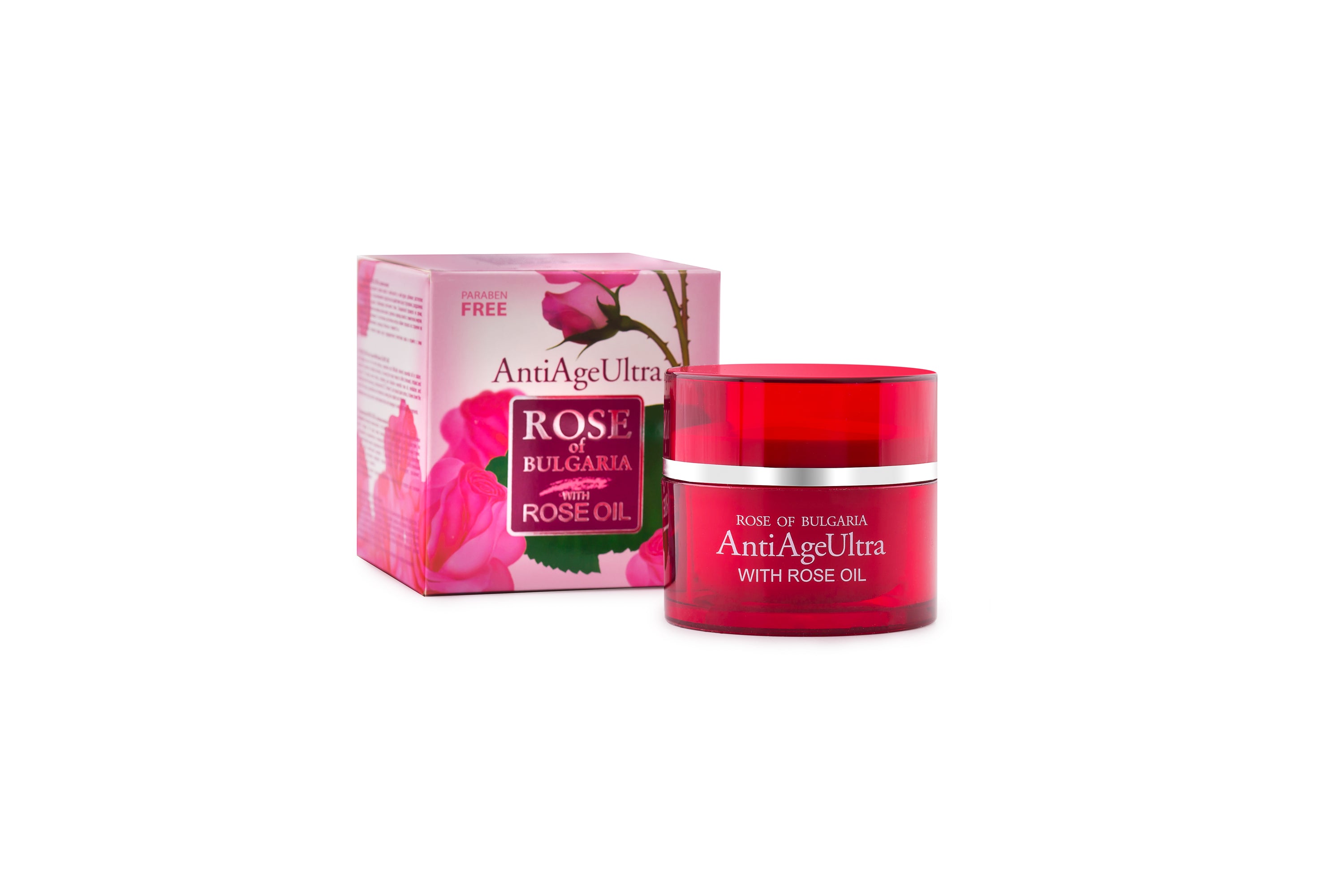 Rejuvenating face cream AntiAge Ultra with natural rose water in a 50ml jar, showcasing its luxurious texture and packaging.