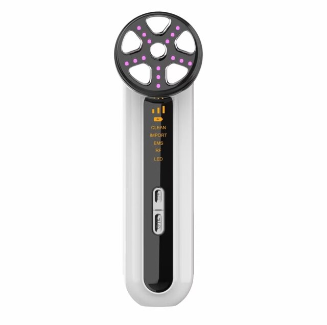 RF EMS LED Light Skin Beauty Instrument for facial care, featuring multiple modes and a sleek design in green, white, and black colors.