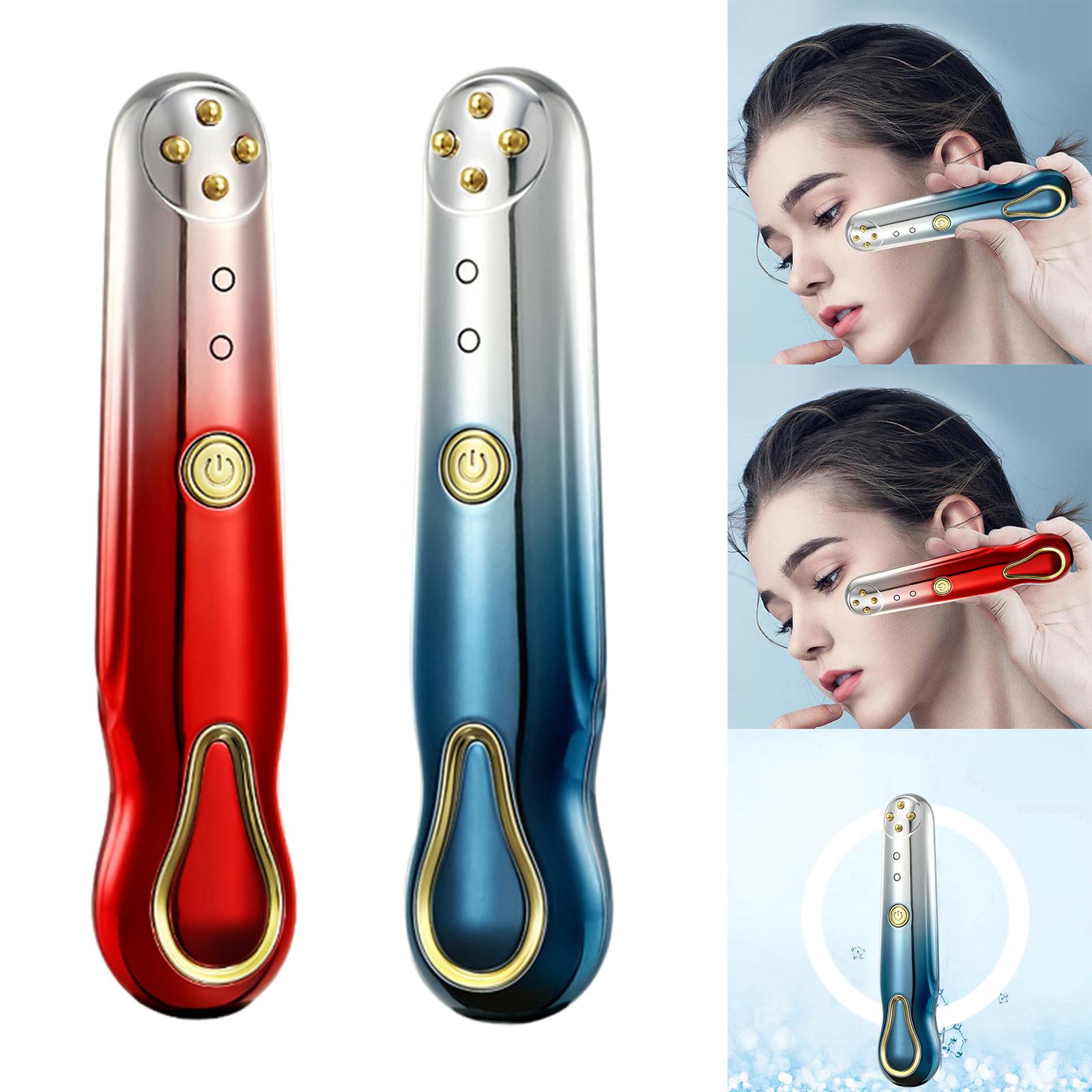 RF Radio Frequency Eye Massager with sleek design, USB charging cable, and user manual, ideal for reducing puffiness and wrinkles around the eyes.