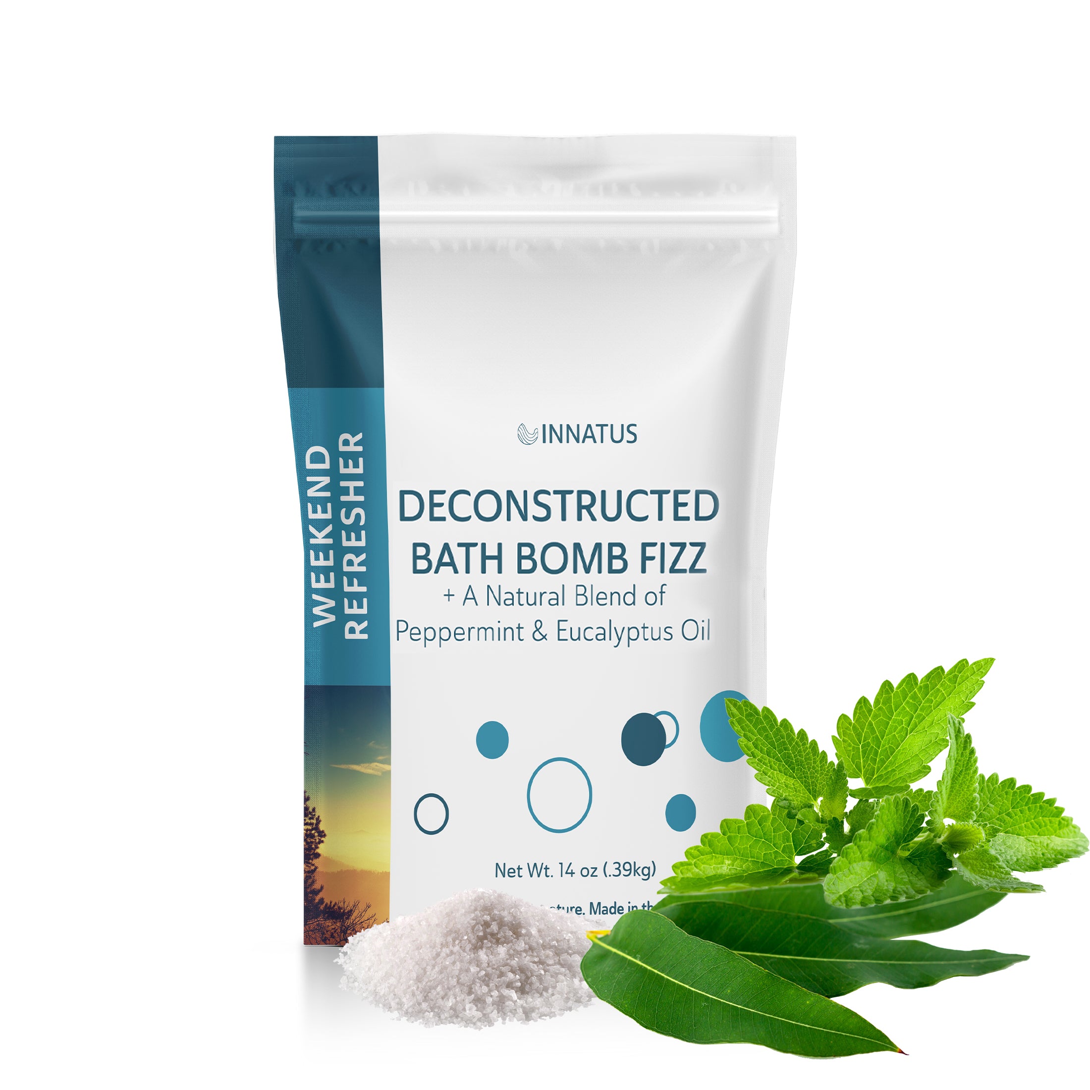 A vibrant Sea Salt Fizzy Deconstructed Weekend Refresher Bath Bomb in a loose form, surrounded by soothing essential oils and Dead Sea Salt.