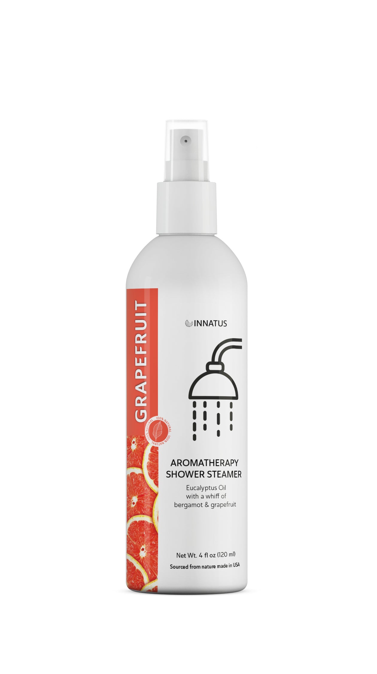 A bottle of eucalyptus oil and grapefruit shower spray, designed for aromatherapy, with a refreshing and soothing scent.
