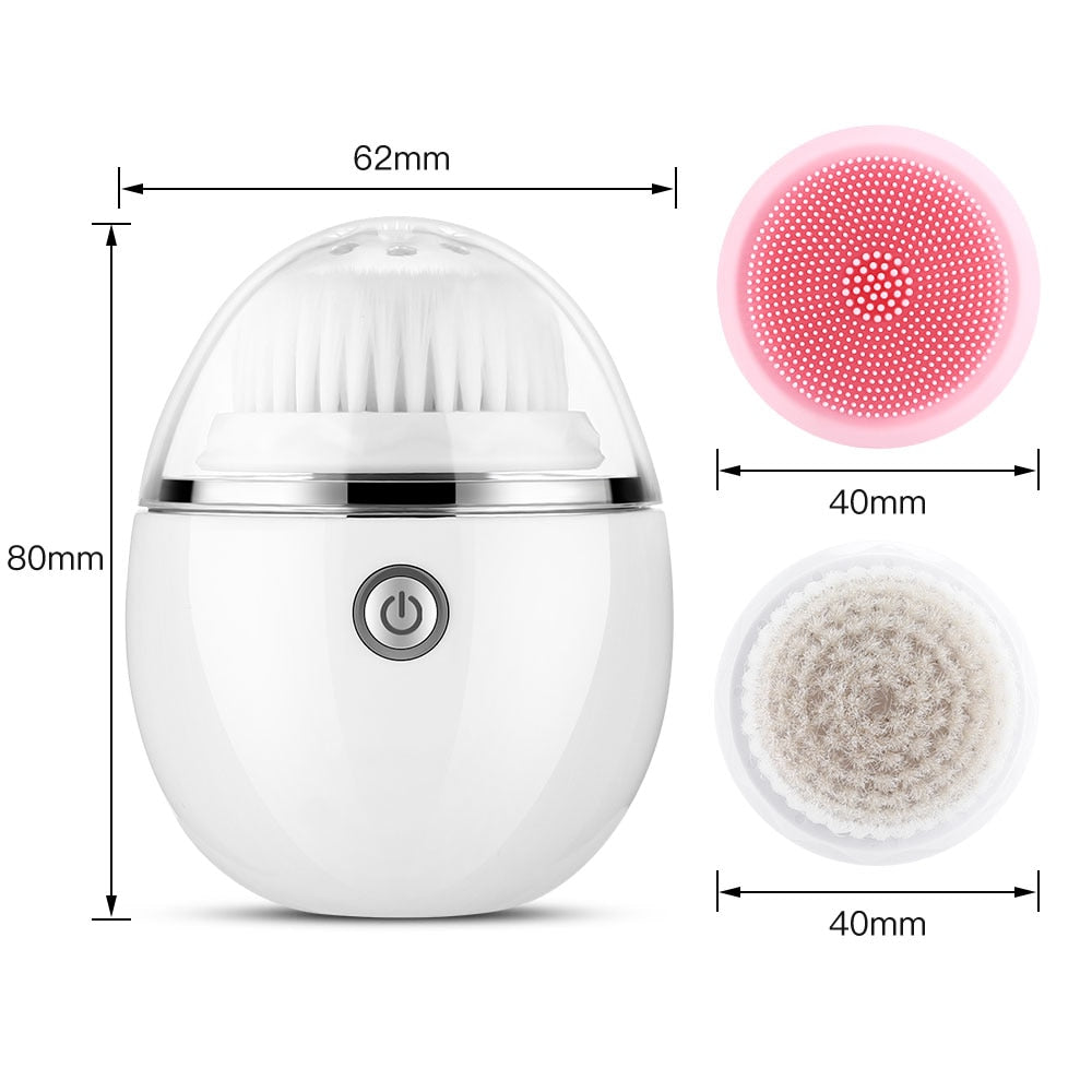 Silicone Electric Face Cleansing Brush in white, showcasing its ergonomic design and waterproof features.