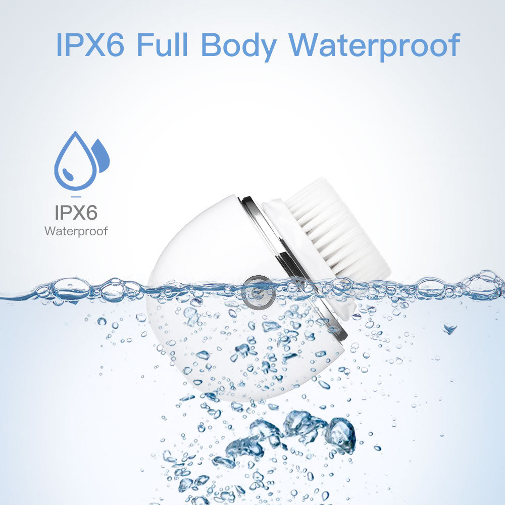 Silicone Electric Face Cleansing Brush in white, showcasing its ergonomic design and waterproof features.