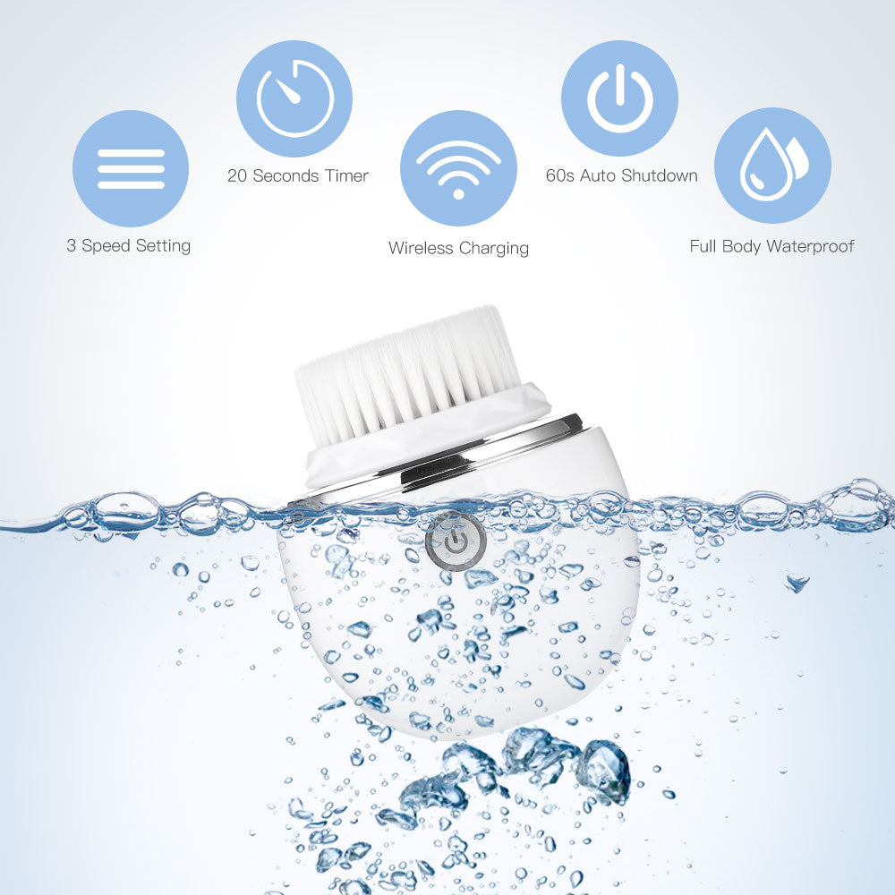 Silicone Electric Face Cleansing Brush in white, showcasing its ergonomic design and waterproof features.