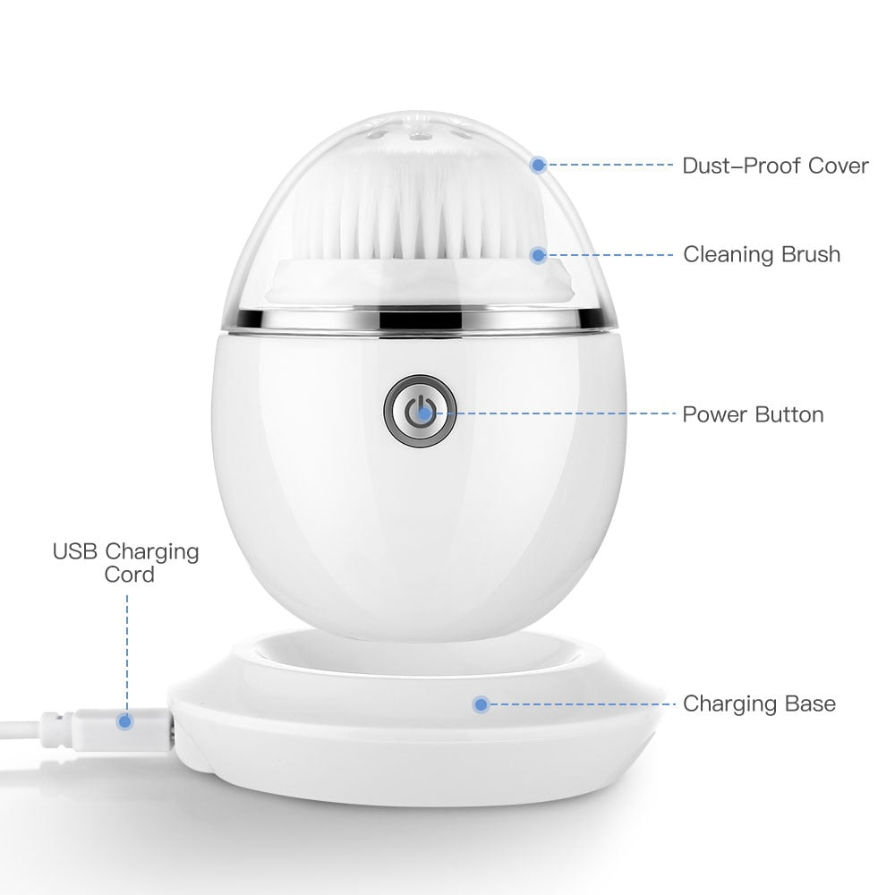 Silicone Electric Face Cleansing Brush in white, showcasing its ergonomic design and waterproof features.