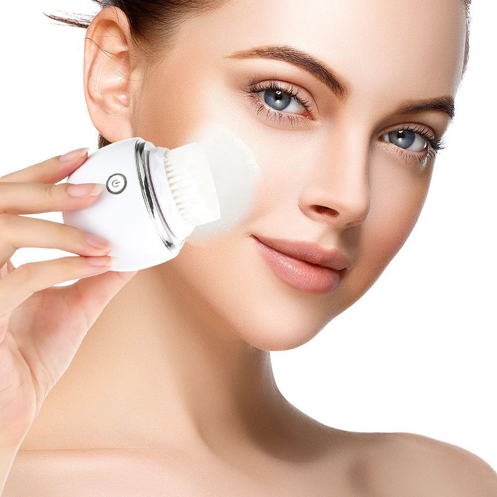 Silicone Electric Face Cleansing Brush in white, showcasing its ergonomic design and waterproof features.