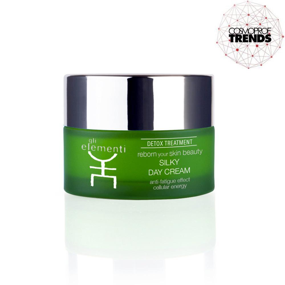 Silky Day Cream in a sleek 50ml jar, showcasing its light gel-cream texture, perfect for daily urban protection.