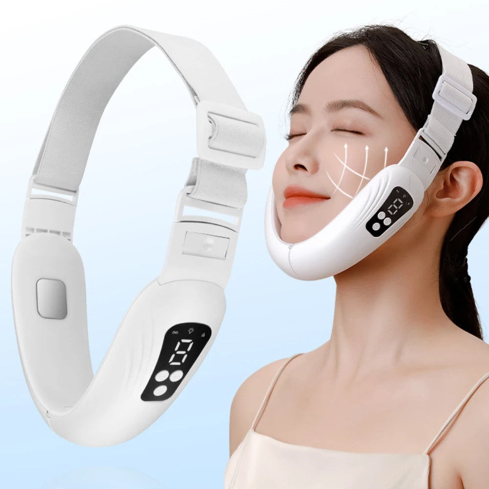 Skin Care EMS Electric Facial Massager in white, designed for facial slimming and skin tightening, featuring a compact and portable design.