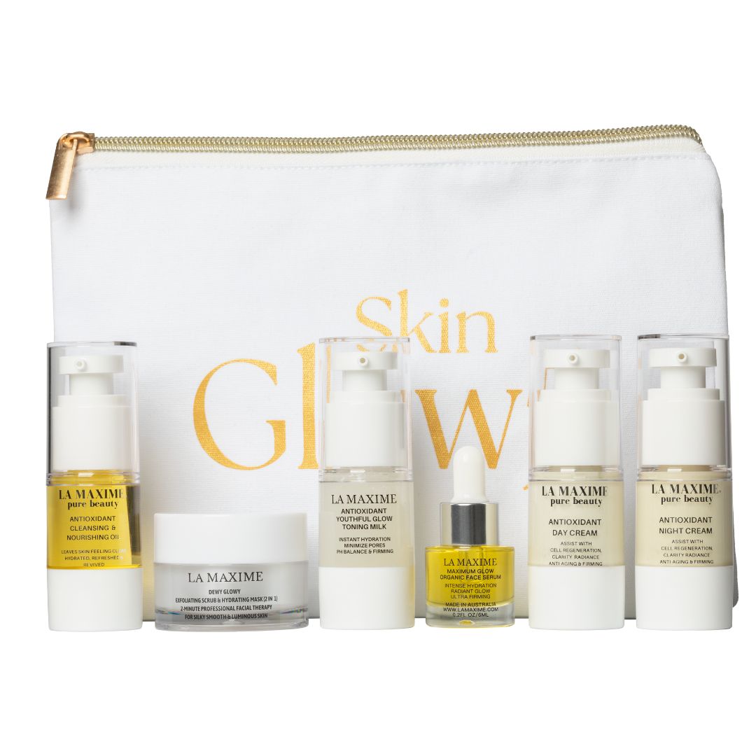 SKINGLOW5 Anti-aging Skincare Set for Travel featuring cleansing oil, scrub, serum, and moisturizers in a stylish beauty pouch.