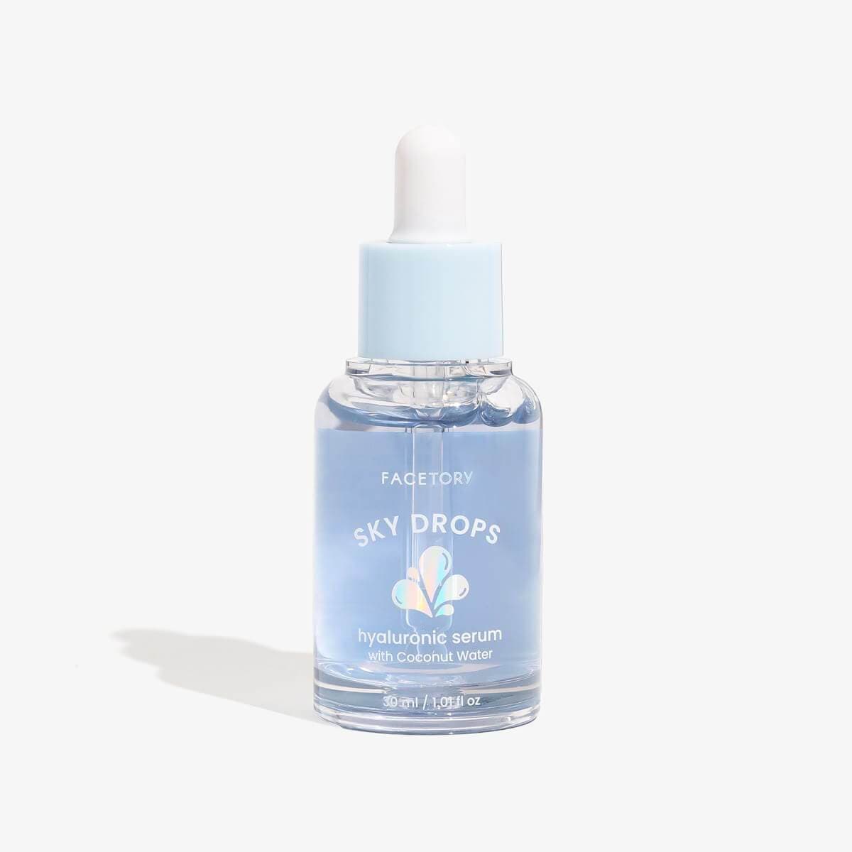 Sky Drops Hyaluronic Serum with Coconut Water in a sleek 30ml bottle, showcasing its refreshing formula for hydrated skin.
