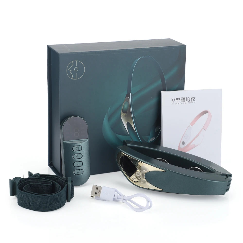 Smart V-face Face-lifting Massager in dark green, showcasing its ergonomic design and large massage heads for effective facial treatment.