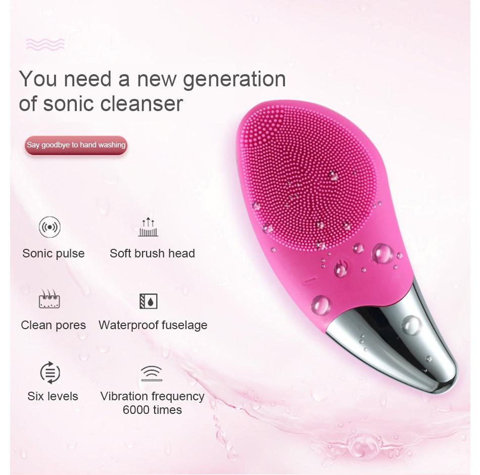 Sonic Pulsing Cleansing Brush and Massager with silicone bristles and pointed end for precise cleaning.