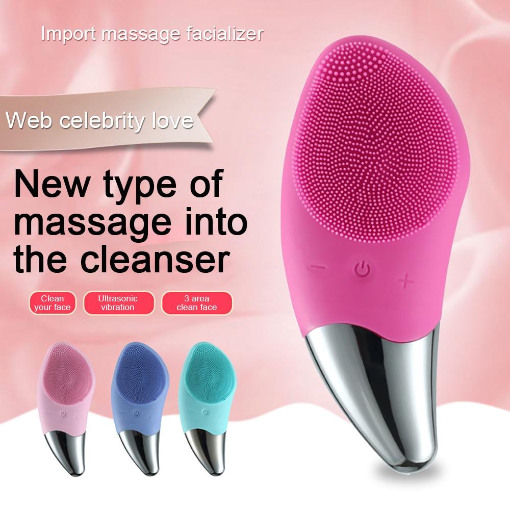 Sonic Pulsing Cleansing Brush and Massager with silicone bristles and pointed end for precise cleaning.