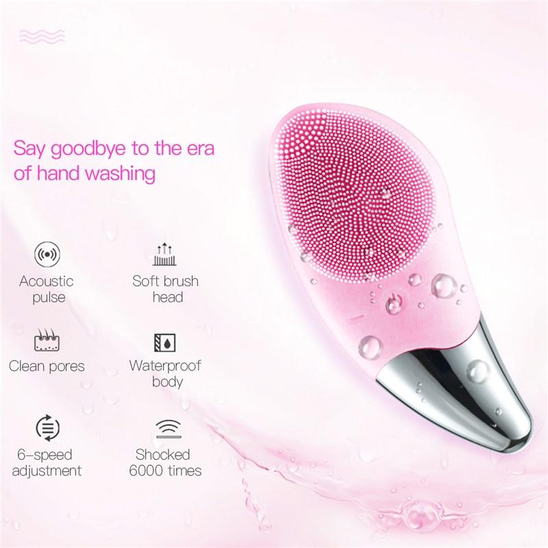Sonic Pulsing Cleansing Brush and Massager with silicone bristles and pointed end for precise cleaning.