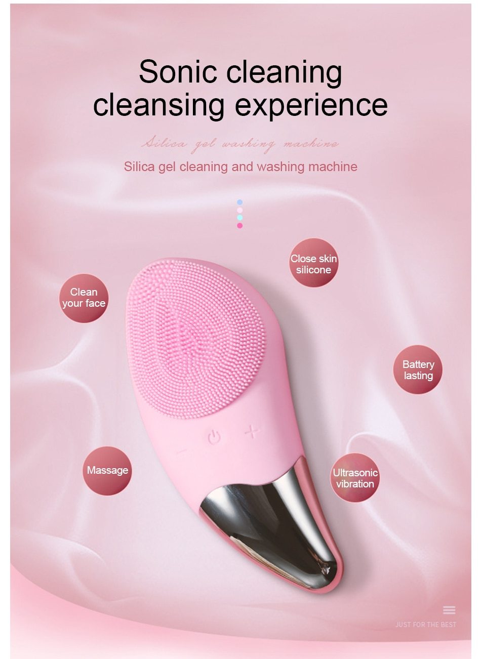 Sonic Pulsing Cleansing Brush and Massager with silicone bristles and pointed end for precise cleaning.