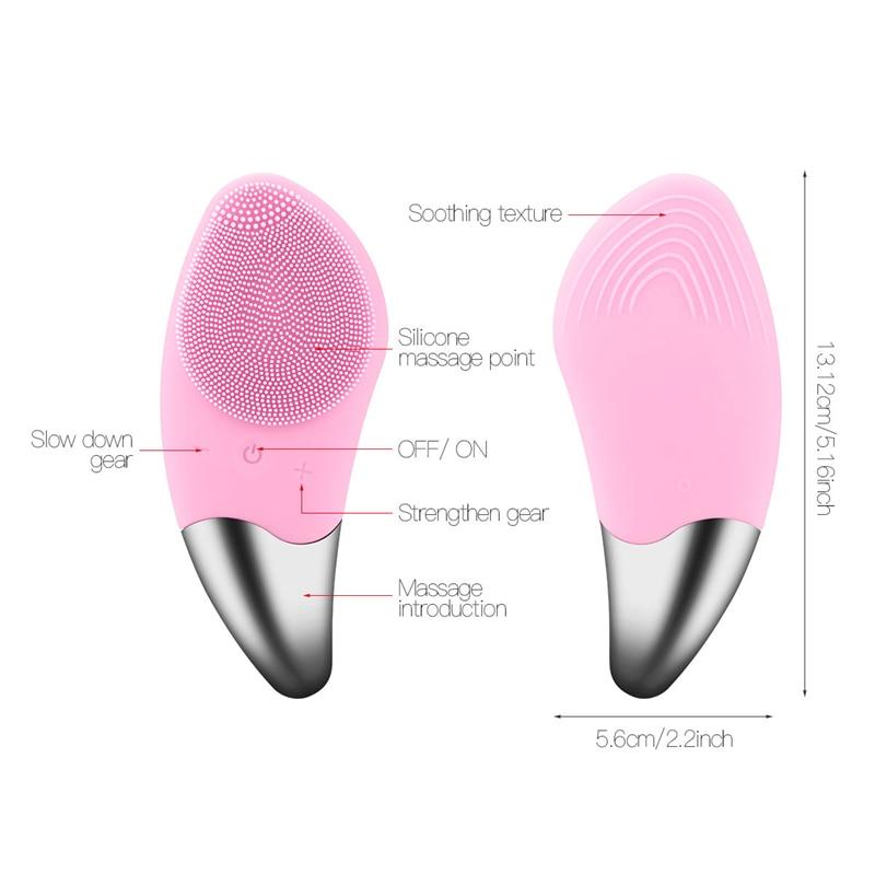 Sonic Pulsing Cleansing Brush and Massager with silicone bristles and pointed end for precise cleaning.