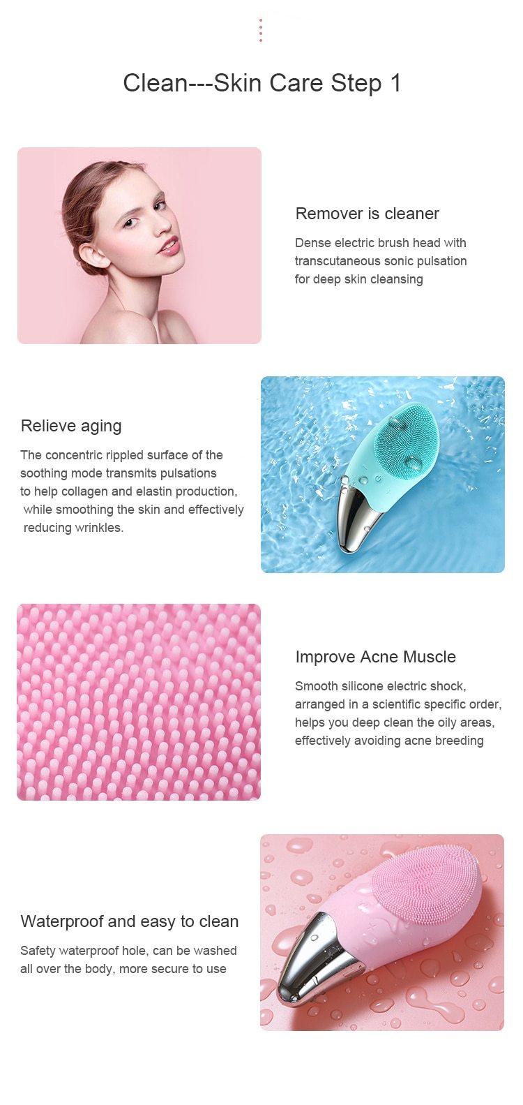 Sonic Pulsing Cleansing Brush and Massager with silicone bristles and pointed end for precise cleaning.