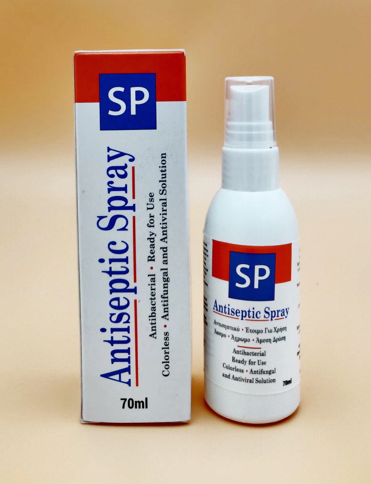 SP Antiseptic Spray in a 60 ml bottle, designed for skin disinfectant use against various microorganisms.