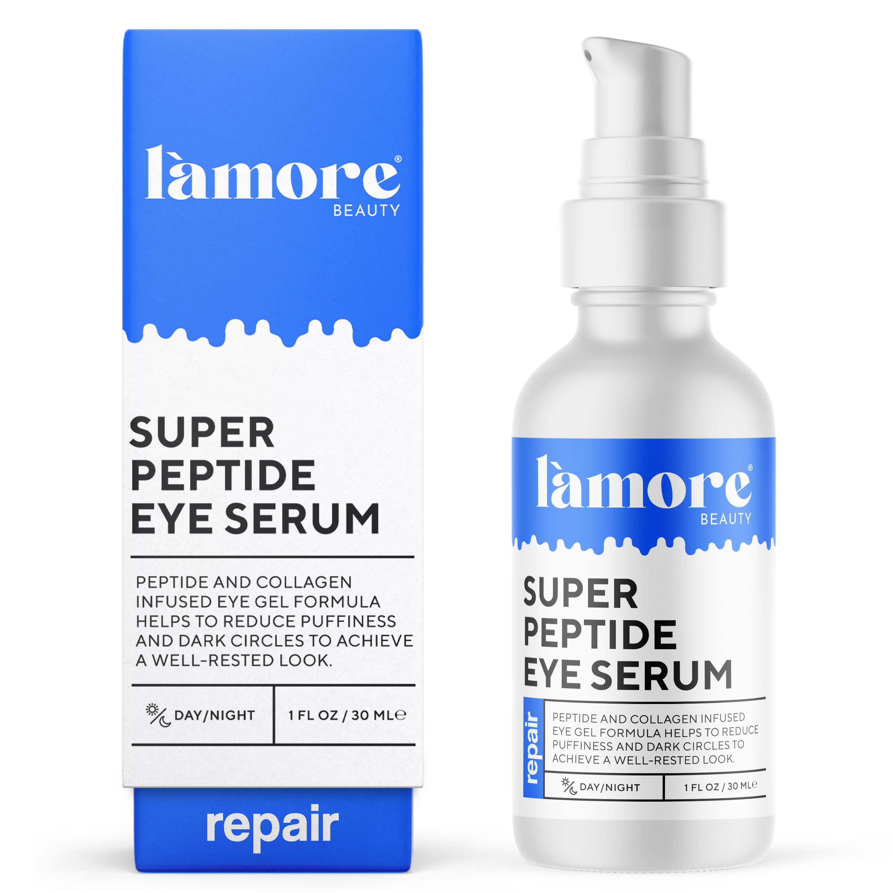 A bottle of Super Peptide Eye Serum with a dropper, showcasing its sleek design and nourishing ingredients for revitalizing tired eyes.