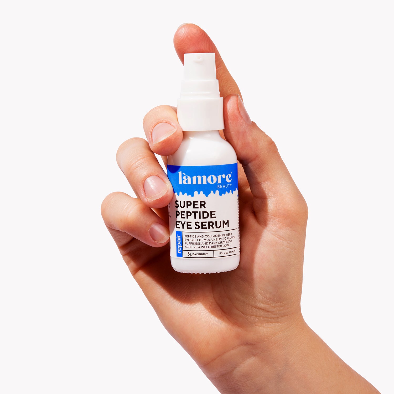 A bottle of Super Peptide Eye Serum with a dropper, showcasing its sleek design and nourishing ingredients for revitalizing tired eyes.