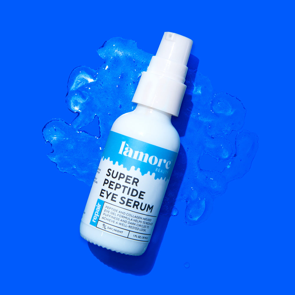 A bottle of Super Peptide Eye Serum with a dropper, showcasing its sleek design and nourishing ingredients for revitalizing tired eyes.