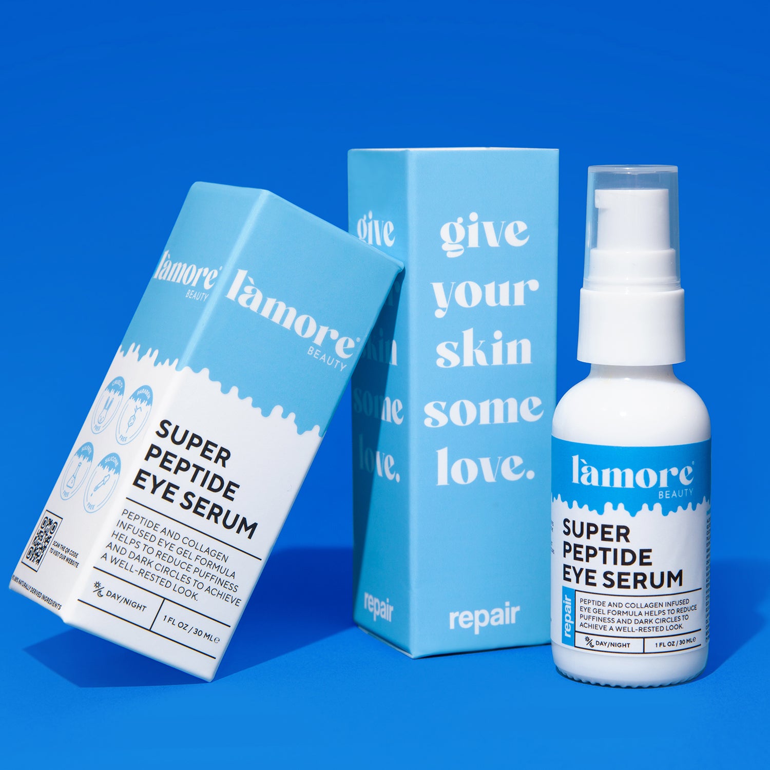 A bottle of Super Peptide Eye Serum with a dropper, showcasing its sleek design and nourishing ingredients for revitalizing tired eyes.