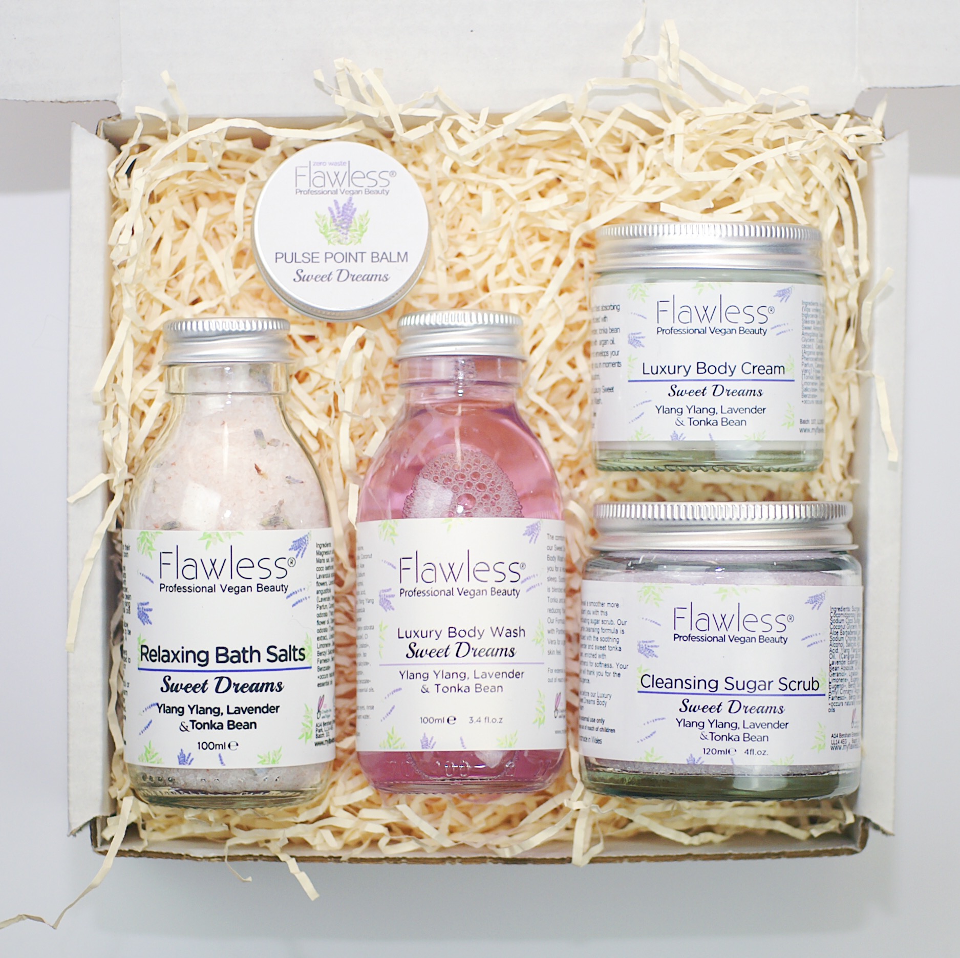 Sweet Dreams Beauty Gift Set featuring five luxury vegan products in eco-friendly packaging, including bath salts, body wash, body cream, sugar scrub, and pulse point balm.